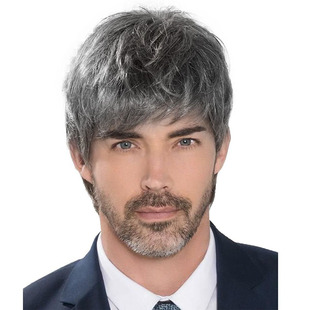 欧美外贸中老年男士假发灰白混色短发哑光高温丝头套Man hair wig