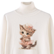 可爱猫咪印花上衣女秋冬高领长袖打底衫韩版套头甜美针织衫女