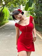 夏装女装高级感套装胖MM红玫瑰性感度假风情红裙热带短裙连衣裙法