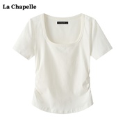 拉夏贝尔lachapelle正肩纯色短袖t恤女夏季简约u领短款上衣