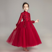 女童长袖公主礼服红色长裙蓬蓬，纱主持生日，儿童婚纱裙钢琴演出秋冬