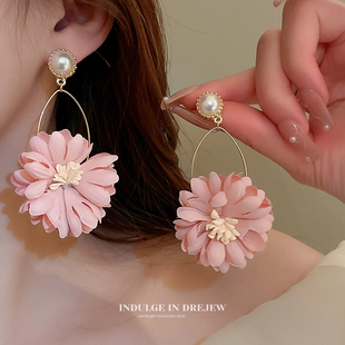 森系仙美粉色夸张花朵耳环