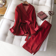 新年战袍中国红复古红客供绵羊毛呢上衣+半裙套装秋冬青果领