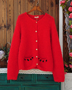 外贸原单温暖毛圈马海毛安哥拉山羊毛甜美森系宽松开衫红毛衣外套