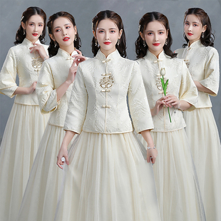 中式伴娘服2024秋冬中国风，新娘结婚伴娘，团姐妹裙显瘦旗袍礼服