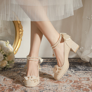 婚鞋新娘鞋2024花朵高跟鞋粗跟秀禾婚纱两穿结婚鞋子不累脚