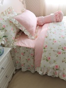 四件套纯棉印花纯粉搭配荷叶边被套，枕套少女4件套床上用品床裙款