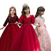 韩国女童婚纱礼服花童红色公主，裙小主持生日洋气蓬蓬裙钢琴演出服