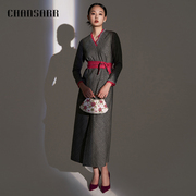 香莎chansarr优雅气质灰色，格纹羊毛开叉，连衣裙蕾丝拼接v领长裙