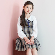 春秋季女童中大童韩版洋气时尚长袖雪纺衬衫格子背心裙两件套装潮