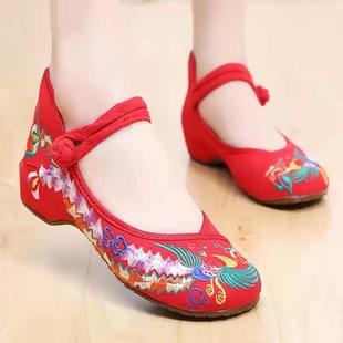 老北京女布鞋民族，风时尚绣花鞋坡跟鞋红色婚鞋广场舞蹈鞋汉服单鞋