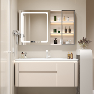 法式奶油风陶瓷一体智能浴室柜，镜柜组合卫生间收纳洗漱台洗脸盆