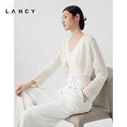 lancy朗姿2024夏季白色长袖薄款针织，开衫女短款气质外搭上衣