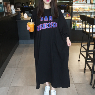 2023夏季韩国东大门字母蝙蝠袖宽松大码长款短袖T恤裙连衣裙女棉
