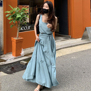 韩国chic夏季法式方领露锁骨无袖上衣+高腰大摆型半身裙套装