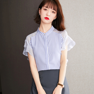 沐娜希竖条纹雪纺衬衫，女夏季2024韩版立领衬衣设计感短袖上衣