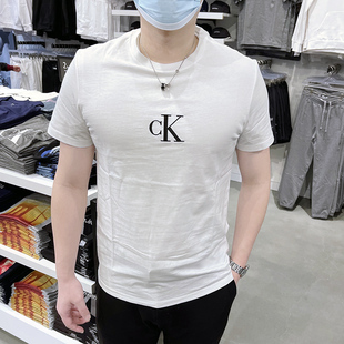 ckcalvinklein男士，夏季简约字母logo刺绣纯棉，圆领短袖t恤潮