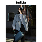 indicia双面呢大衣女羊毛，外套灰色宽松薄款职业，秋冬时尚标记女装