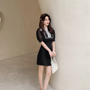 Lisa同款2024春季女装手工钉珠蕾丝网纱气质名媛短袖黑色短裙