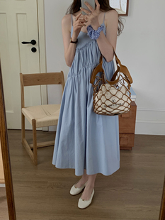 chancustom吊带连衣裙女法式甜美温柔蓝色花边设计感小众长裙子