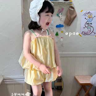 凡妈童装2024夏季韩系女童套装小童吊带棉布娃娃衫短裤两件套