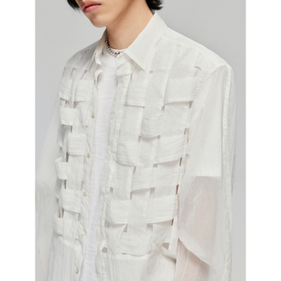 simpleproject春夏尼龙，欧根纱编织结构，镂空设计宽松长袖衬衫