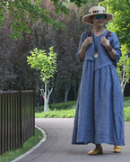 纯亚麻小格子连衣裙民族风文艺女装蓝色宽松优雅气质长裙大码