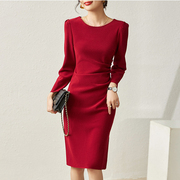 秋冬时尚气质圆领长袖皱褶修身开叉包臀连衣裙喜气红色礼服裙