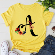 26 Letter Floral Yellow T Shirt 夏季26鲜花字母印花黄色T恤女