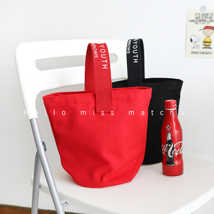 日韩国字母帆布手拎包学生手提包袋简约小清新水桶包帆布小包