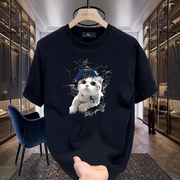 趣味猫咪图案印花短袖3d高清数码，直喷透气重磅，纯棉男女宽松t恤潮