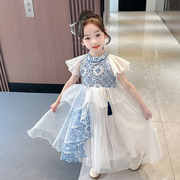 女童青花瓷连衣裙2024春季女宝中国风裙子儿童洋气公主礼服裙