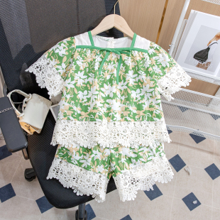 女童夏装套装2024韩版女宝宝甜美花朵蕾丝衬衫花边短裤两件套