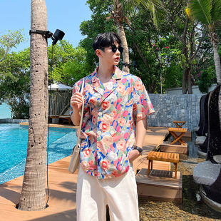 夏季小众洋气时尚碎花衬衣男短袖韩版度假风休闲设计感复古衬衫潮