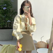 自制奶油黄长袖(黄长袖)衬衫女夏宽松日系学生，设计感高级防晒衫鹅黄色衬衣