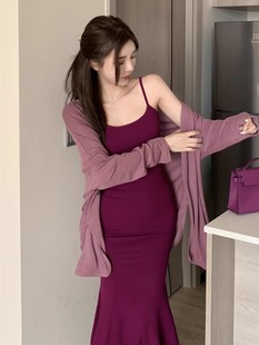 辣妹紫色吊带连衣裙女秋装打底性感包臀修身显瘦鱼尾长裙套装开衫