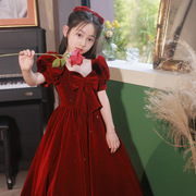 儿童礼服2023女童红色公主裙花童婚礼小女孩主持人指挥钢琴演出服