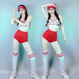 夜店酒吧DS女歌手Dj领舞性感红色字母嘻哈运动分体套装GoGo演出服