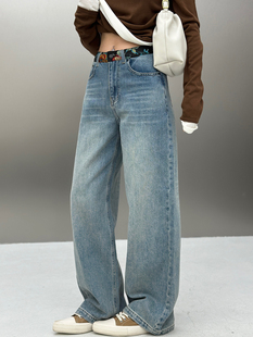 BodhlCat  美式抓纹做旧长裤 高腰提花撞色小众设计感阔腿牛仔裤