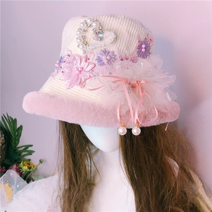 冬季韩版可爱粉色花盆，帽加绒加厚洛丽塔蝴蝶结，蕾丝女保暖帽子