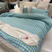 IKEA宜家 洛格布鲁玛 被套和枕套浅绿色/浅蓝色的格纹图案被罩