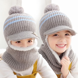 儿童帽子围脖一体护耳帽男女童，护脸防风保暖套头帽宝宝针织连体帽