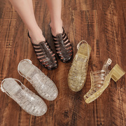 水晶凉鞋女夏高跟果冻鞋欧美透明塑料中跟防滑粗跟包头沙滩洞洞鞋
