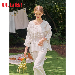 ullala韩国春季家居服套装白色蕾丝，复古娃娃领套头睡衣两件套薄款