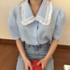 韩国chic夏季小众设计感娃娃领撞色拼接木耳边格纹泡泡袖衬衫上衣