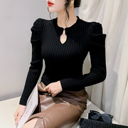 黑色针织衫长袖t恤女性感镂空泡泡袖毛衣洋气，修身套头内搭打底衫