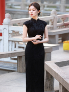 黑色旗袍新中式复古立领改良年轻款绝美气质，长款连衣裙2024春夏
