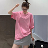 欧洲站2024春夏韩系少女，风圆领短袖，慵懒大版粉色糖果色t恤