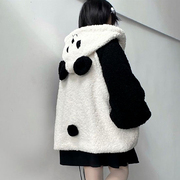 日系软妹可爱熊猫羊羔毛卫衣女秋冬2021加绒外套宽松学生上衣