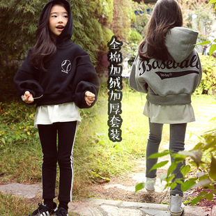 19冬季韩国女童休闲套装，中大童纯棉加绒加厚蝙蝠袖卫衣长裤两件套
